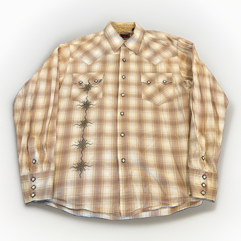 Roper Shirt Mens Large Tan Plaid SawTooth Pearl Snap Cowboy Western Rodeo
